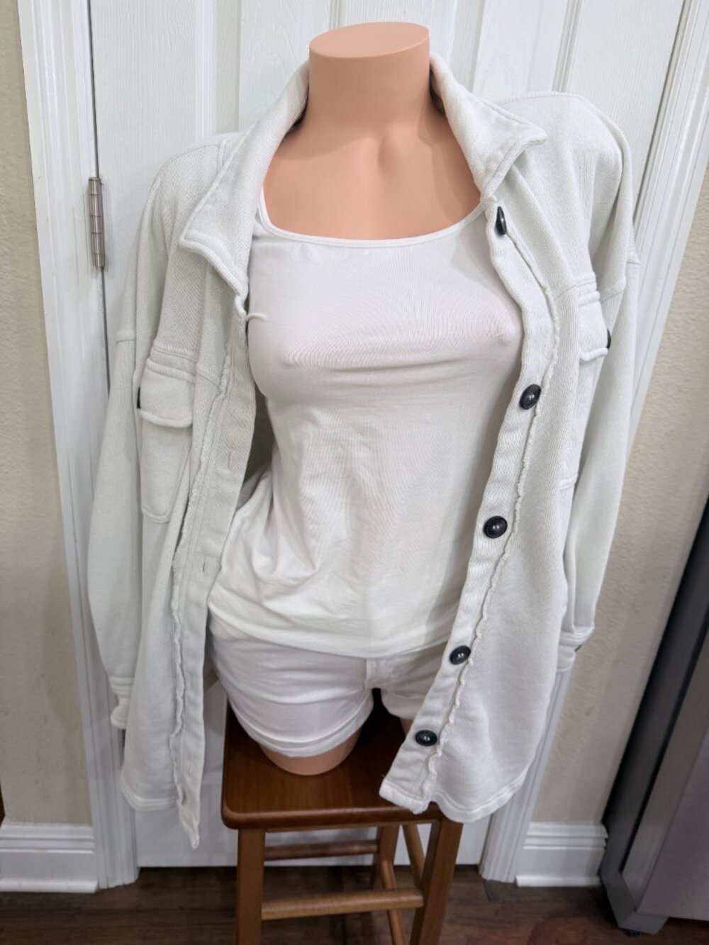 Vintage Havana Cream Oversized Shacket Raw Edge Sweatshirt Jacket Small